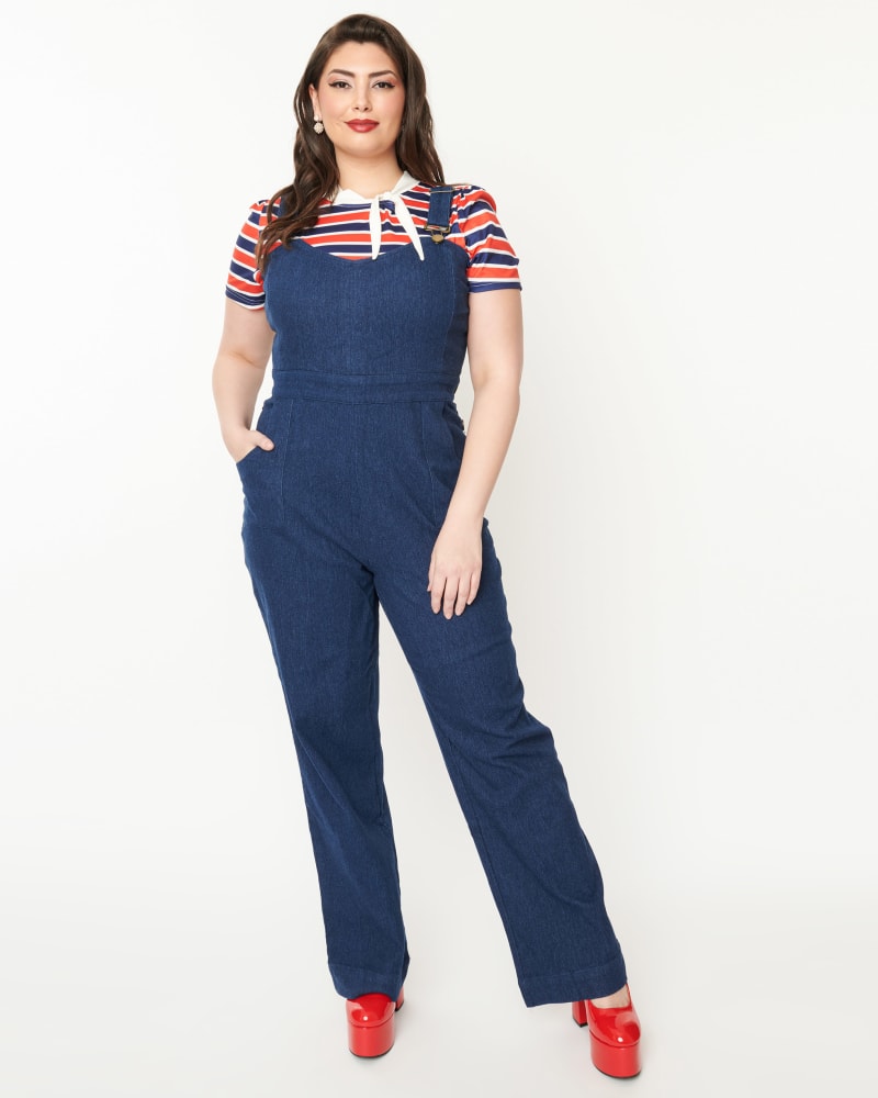 Front of a model wearing a size 3X Unique Vintage Denim Wide Leg Overalls in Blue Denim by Unique Vintage. | dia_product_style_image_id:332834